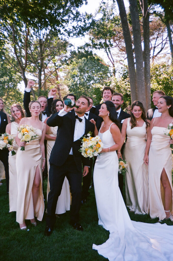Film photo of wedding party at a summer wedding in York, Maine